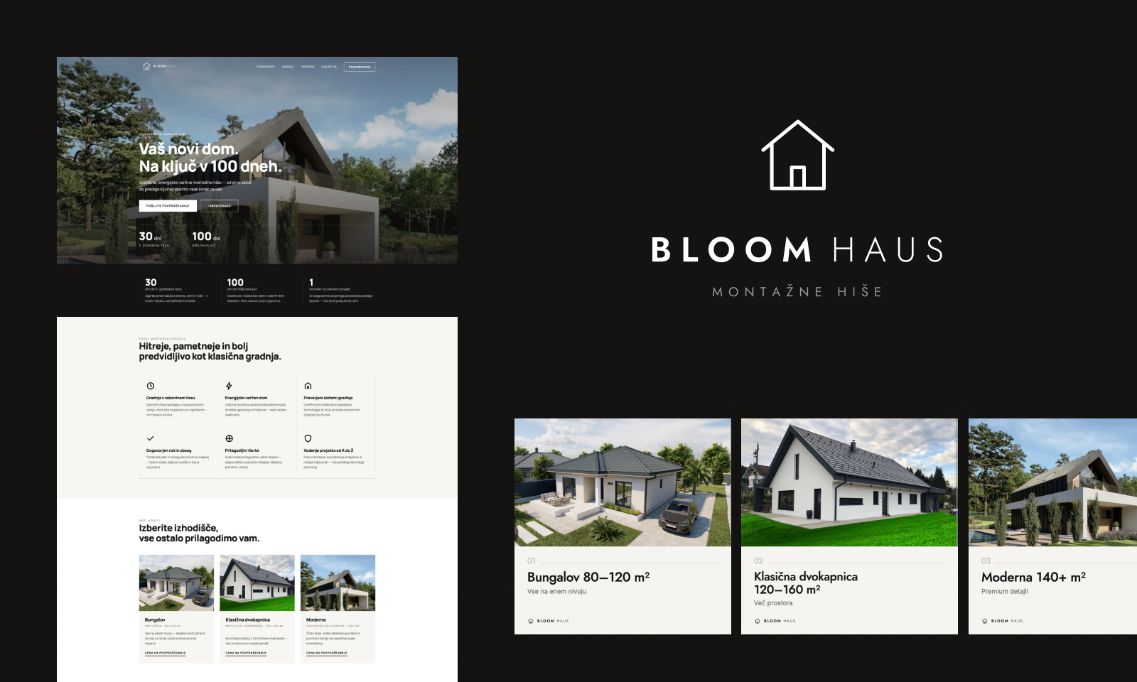Logotip in izdelava spletne strani za Bloom Haus: pregled znamke in spletne strani za prodajo montažnih hiš