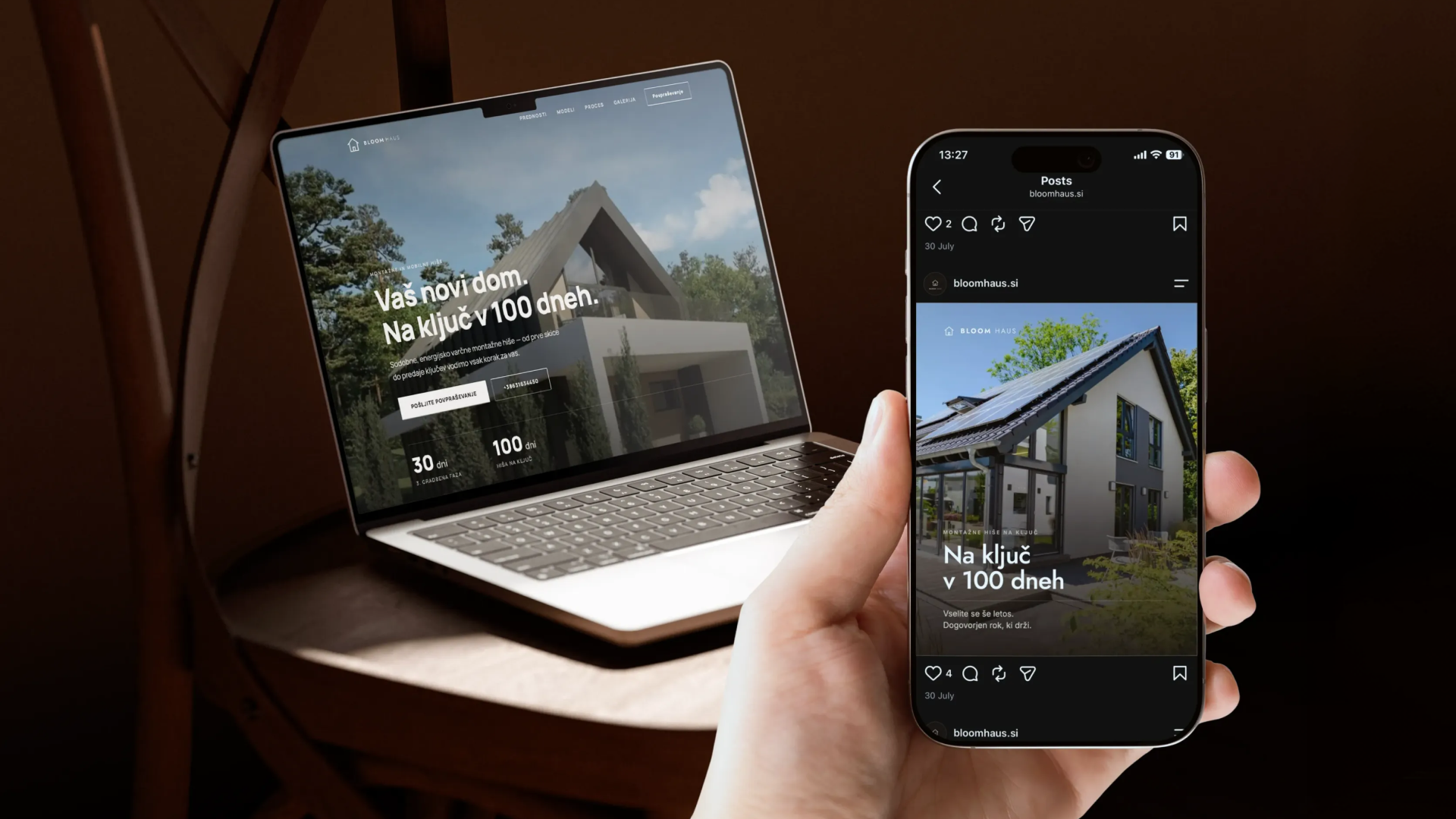 Izdelava spletne strani za Bloom Haus: prikaz nove spletne strani na prenosniku in mobilnem telefonu