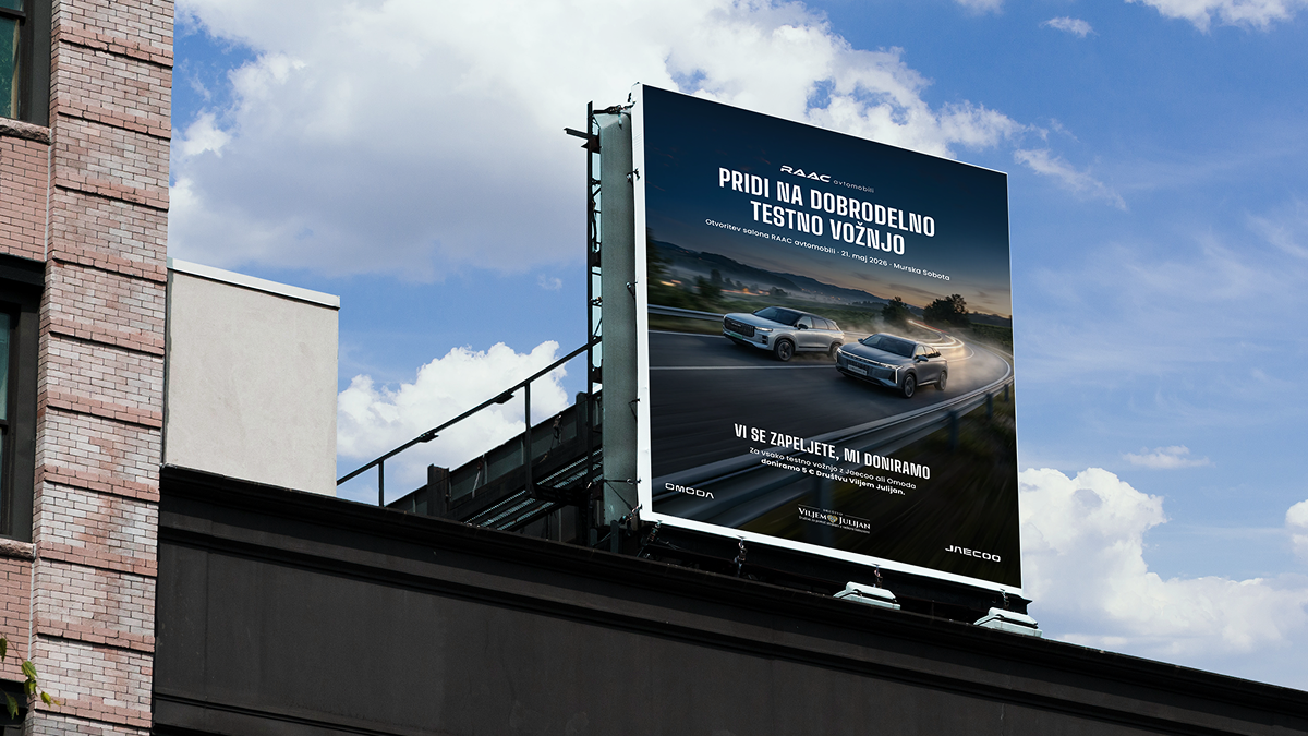Grafično oblikovanje: veliki format (jumbo plakat) za RAAC avtomobili z akcijo testne vožnje za dober namen