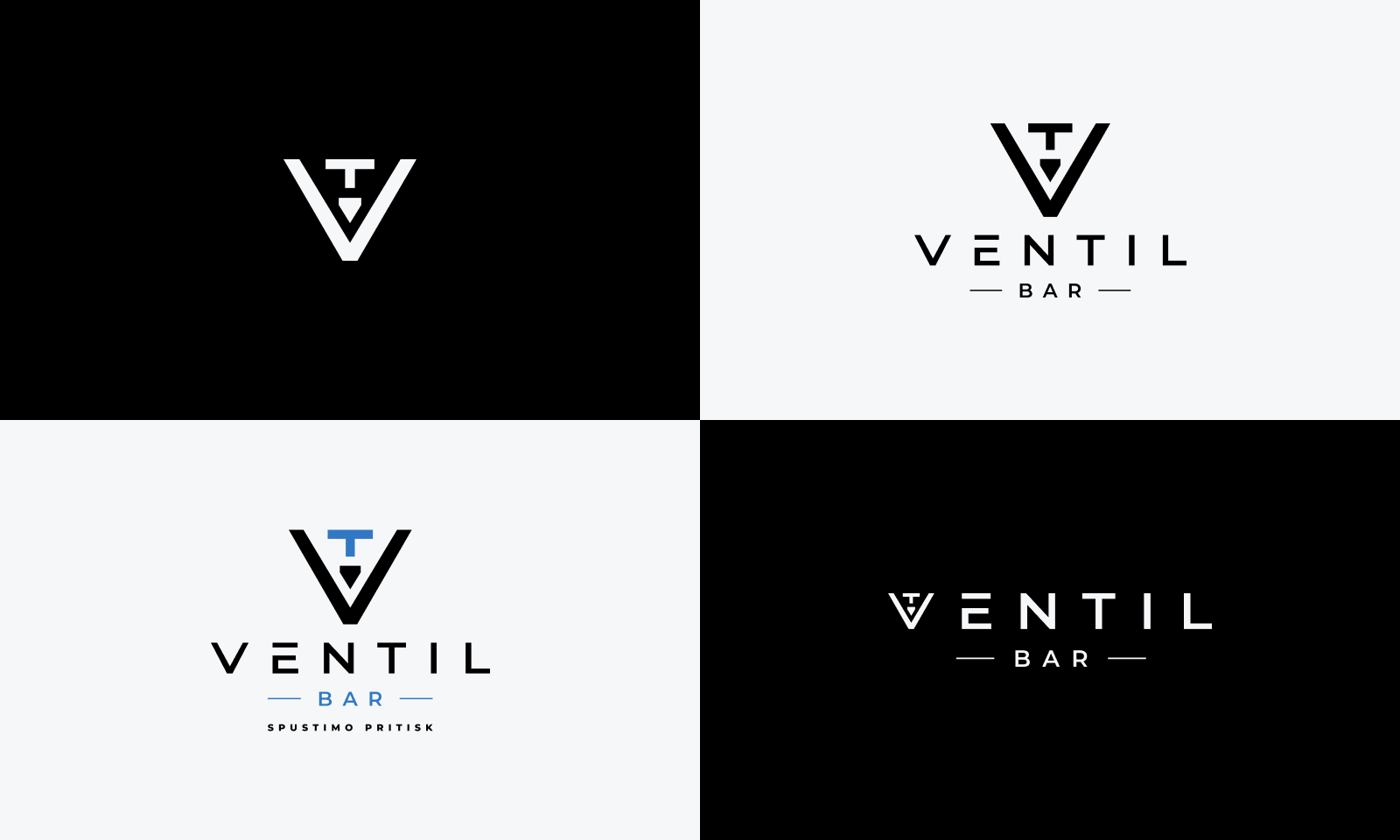 Celostna grafična podoba za Ventil Bar: pozitivna in negativna različica logotipa z ikono in sloganom Spustimo pritisk