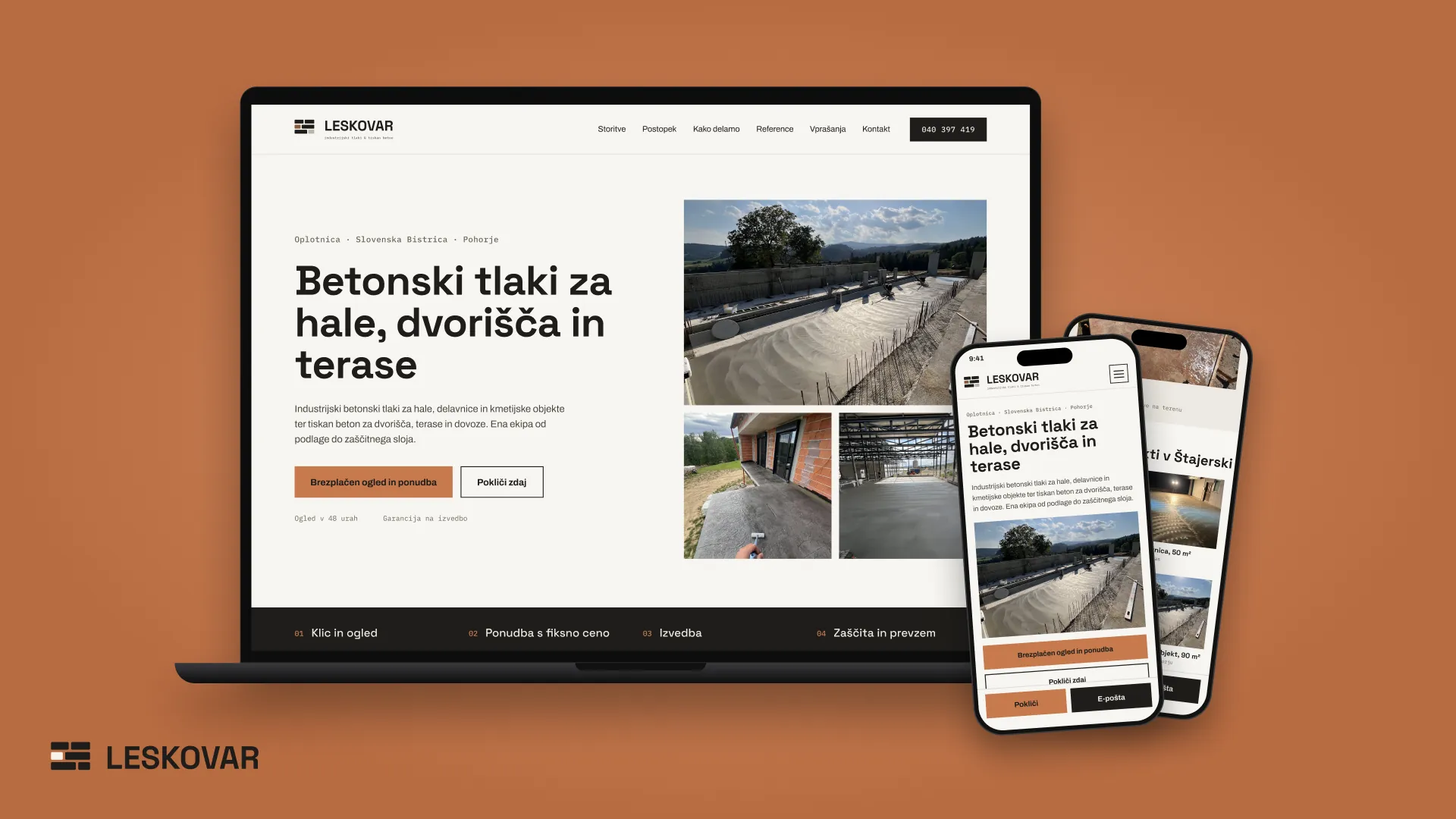 Predstavitvena spletna stran Tlaki Leskovar na telefonu in računalniku